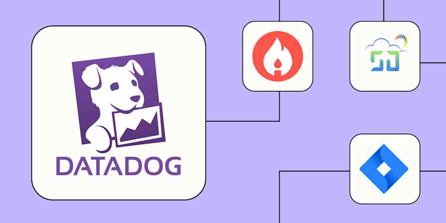 The Datadog logo connected to logos for incident.io, ManageEngine ServiceDesk Plus Cloud, and Jira Software Cloud against a lavender background