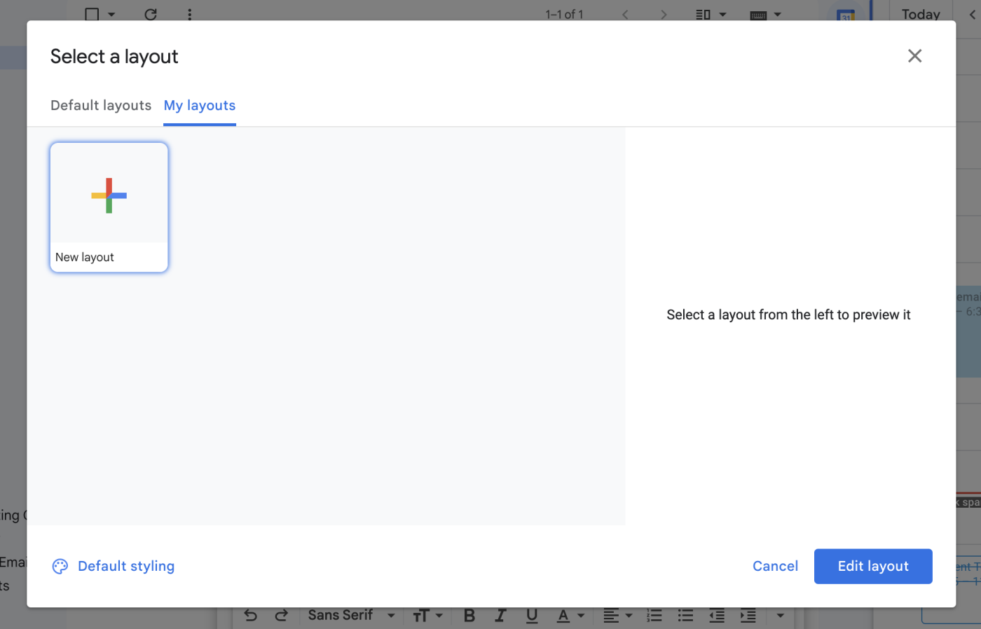 The My layouts tab when sending a Gmail newsletters