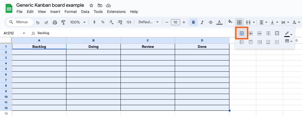 Screenshot of Google Sheets document titled Generic Kanban board example with four columns highlighted and borders filled in.
