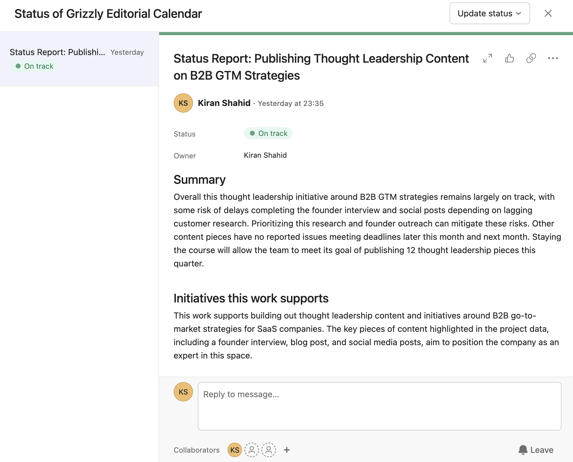Example of a smart status report generated by Asana AI.