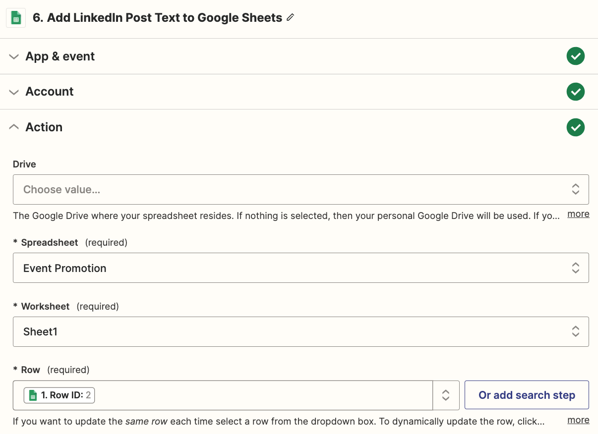 A Google Sheets action step in the Zap editor with the fields filled in.