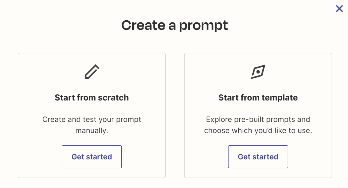 A modal prompt to create a prompt from scratch or use a template.