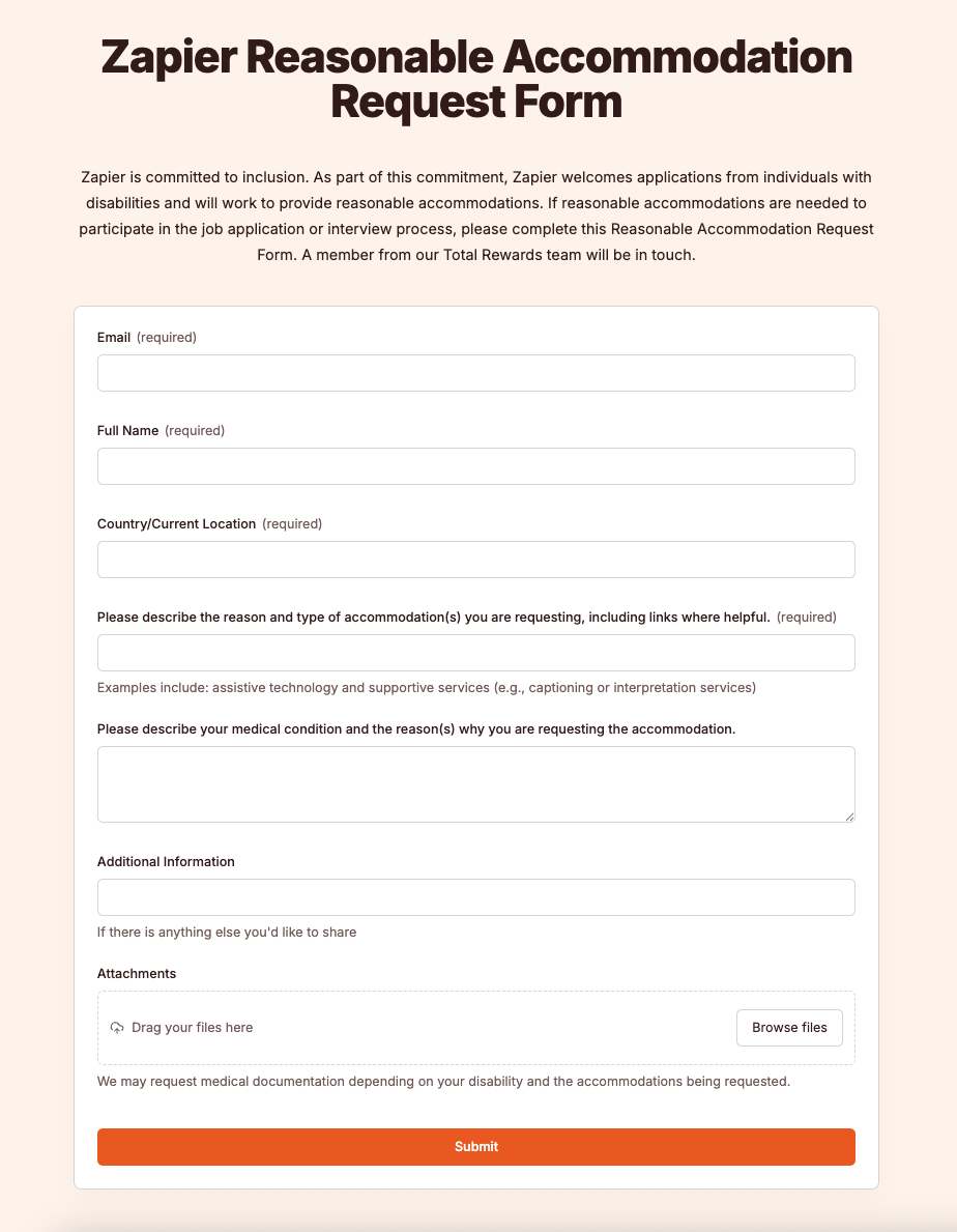 A reasonable accommodation request form in Zapier Forms