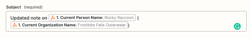 A email subject line is shown with data mapped from the previous webhook step. It reads "Updated note on Rocky Raccoon (Frostbite Falls Outwear).