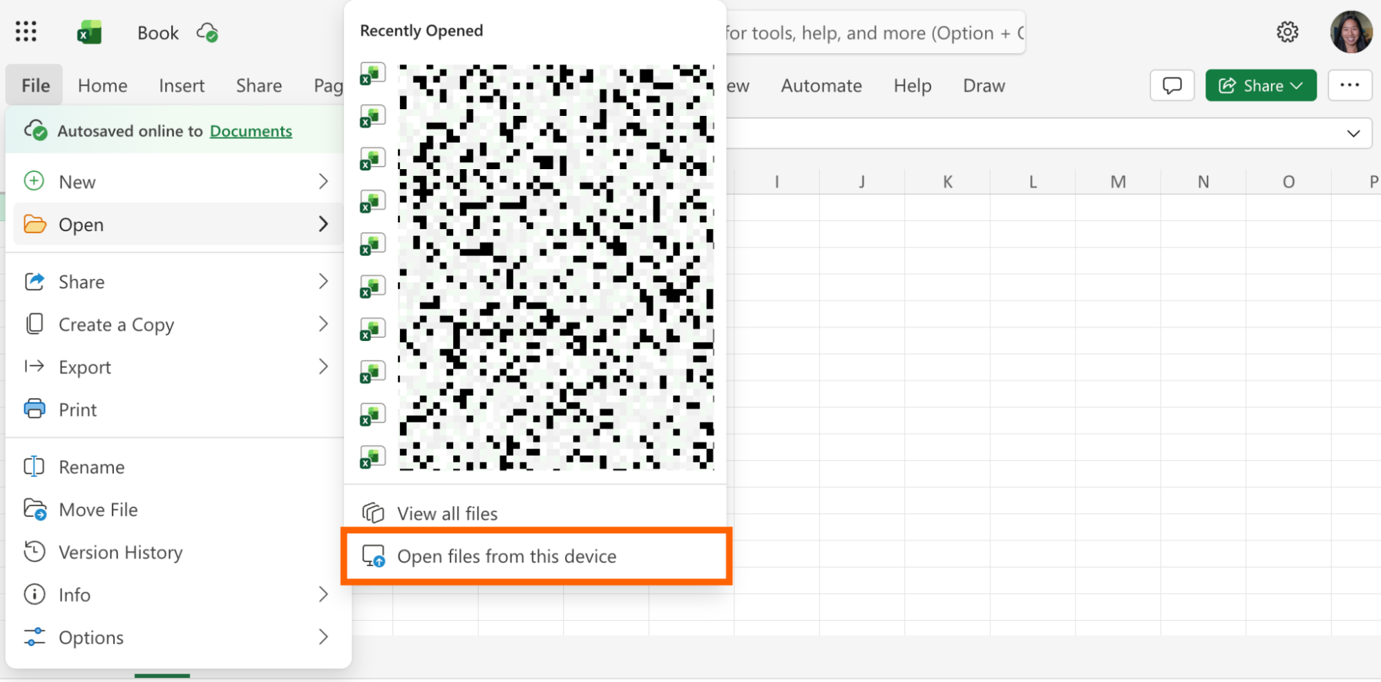 Expanded view of the file menu in Excel.