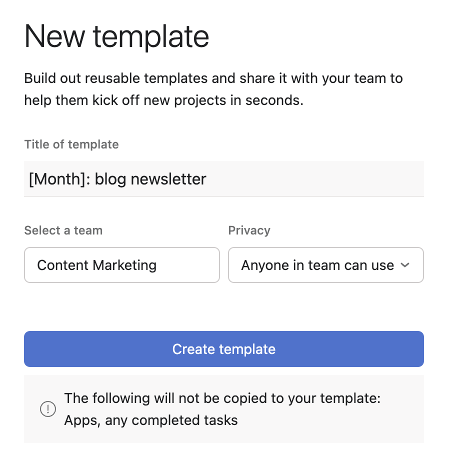 New template window in Asana. 