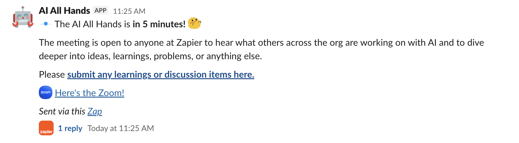 A screenshot of a Slack message announcing an AI all-hands meeting