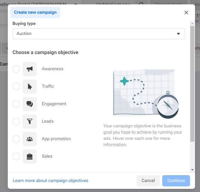 Setting a campaign objective in Facebook Ads Manager