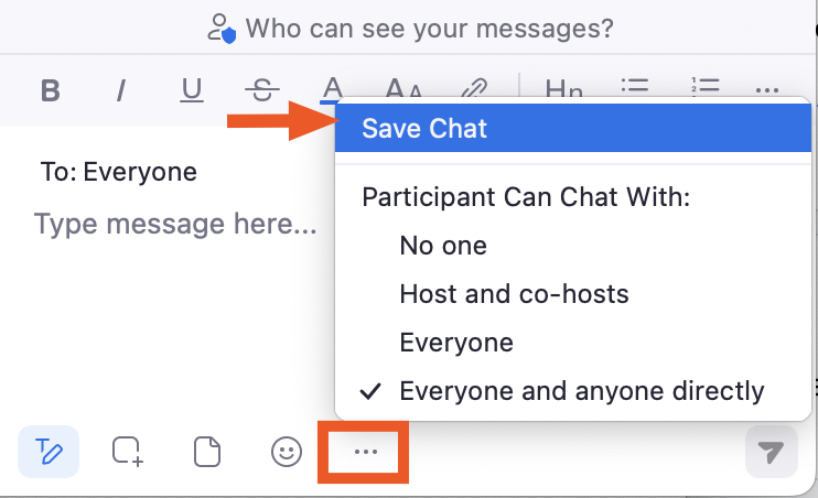 Zoom chat composition box with the menu icon selected and a dropdown menu with the option "Save Chat" highlighted.