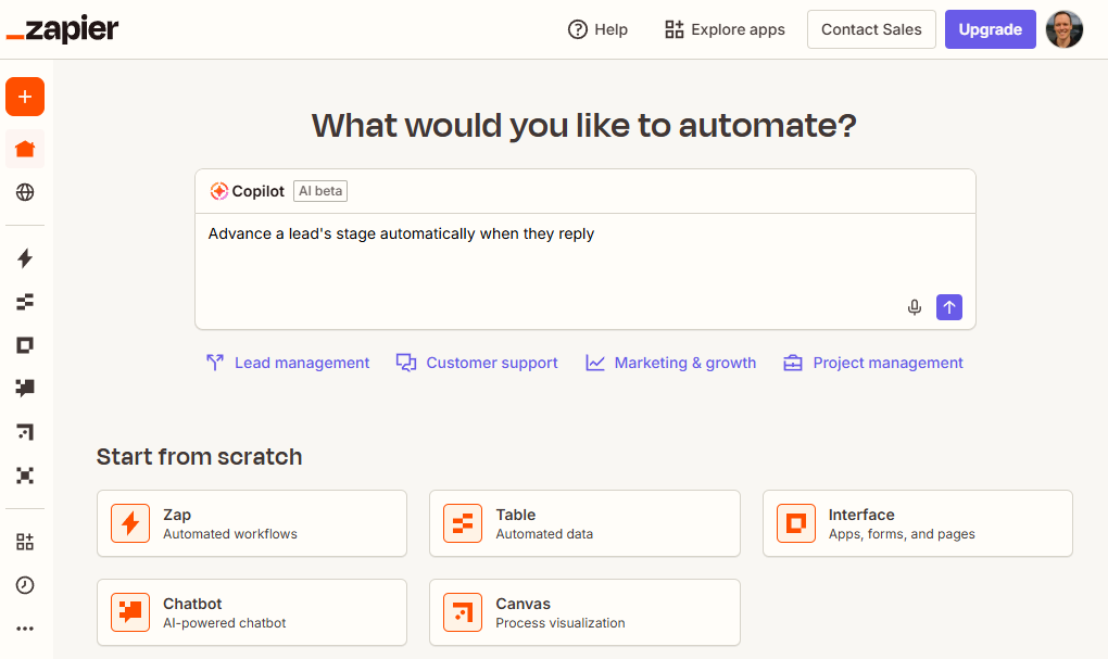 The Zapier dashboard, where you can launch an automation with AI