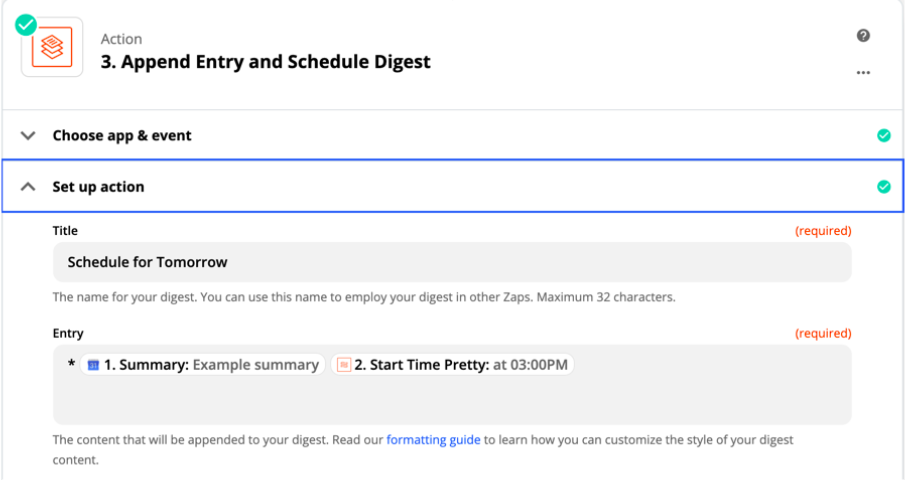 Zap action set-up page: Append entry and schedule digest
