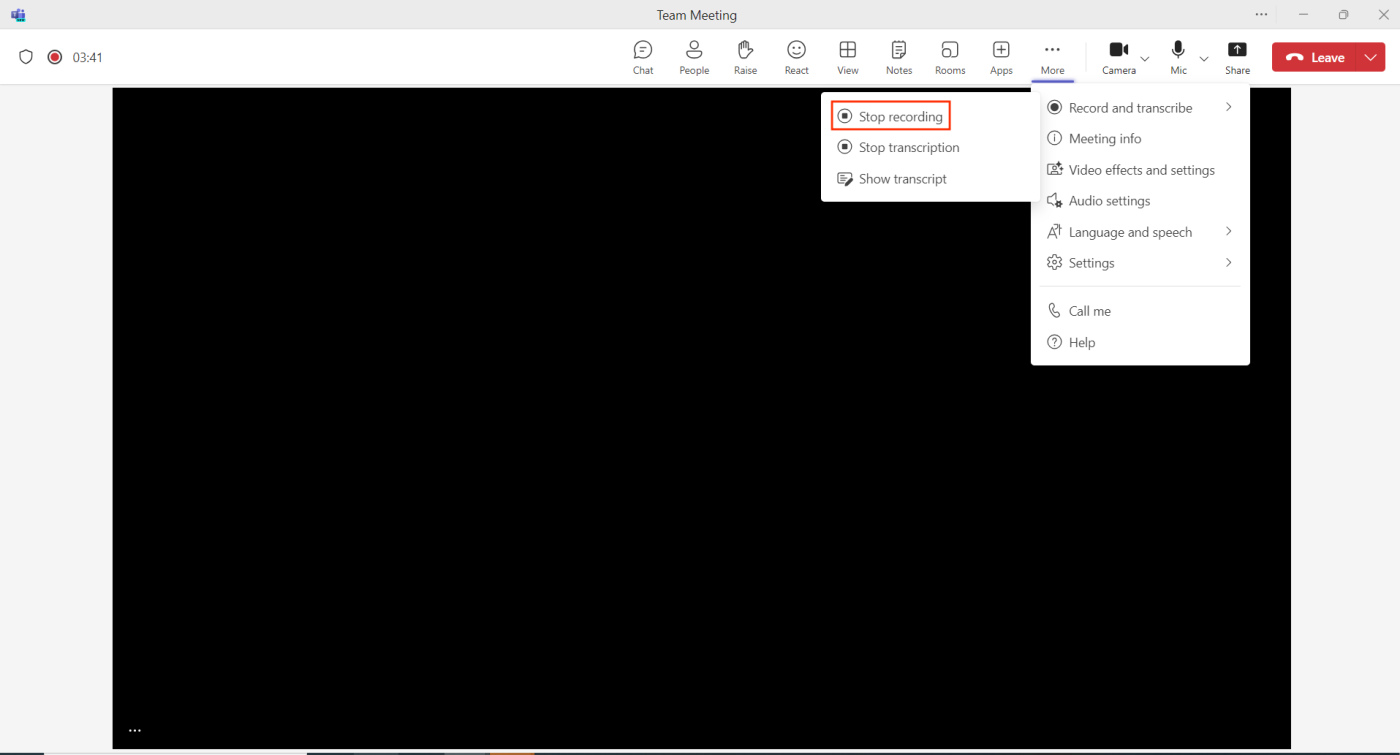 Image showing the Stop recording button in Teams.