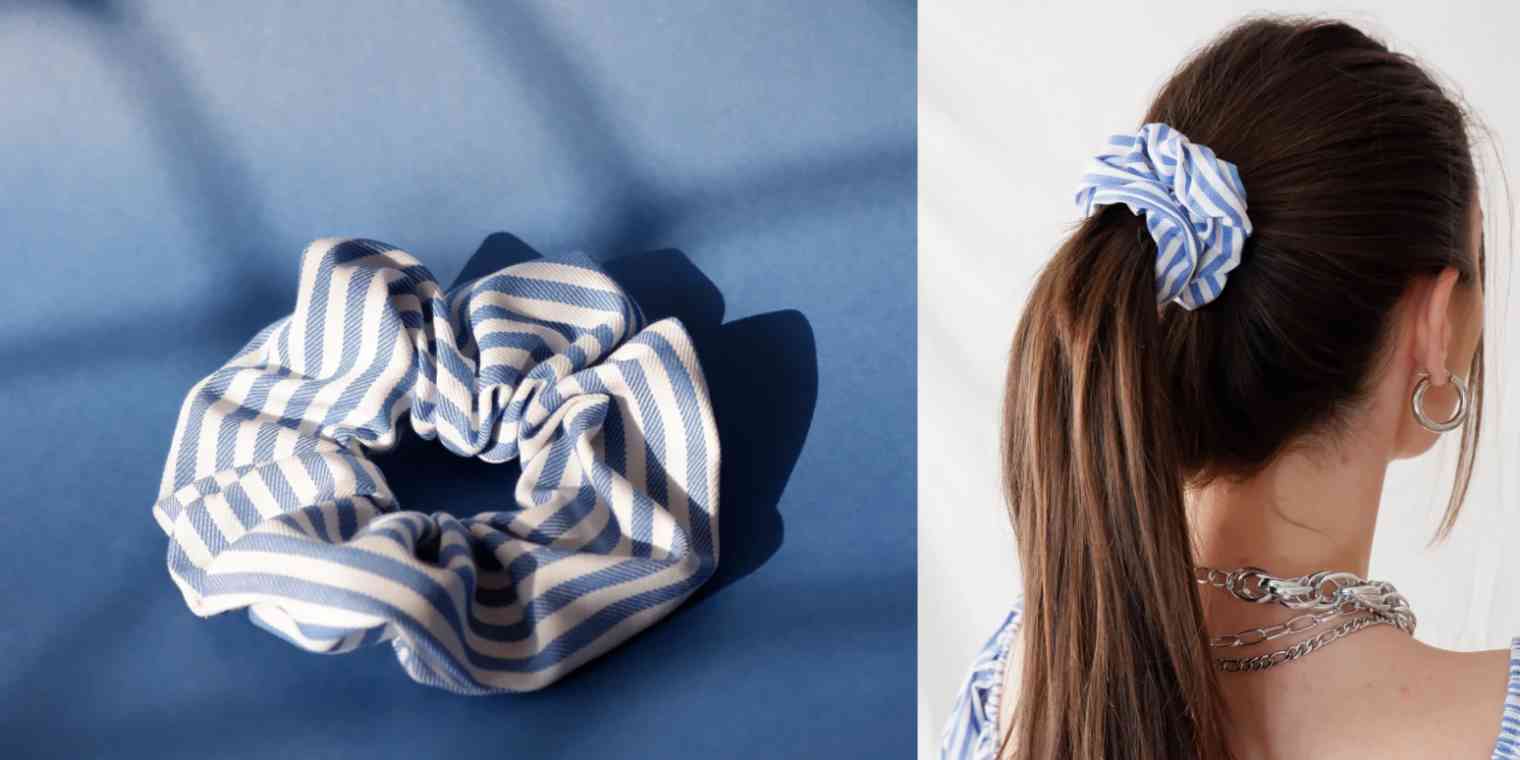 Hero image with a picture of a scrunchie on its own, and the same scrunchie on a ponytail