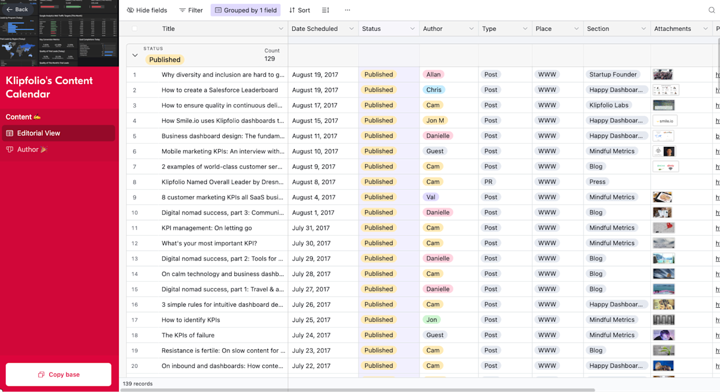 Content calendar template in Airtable universe.