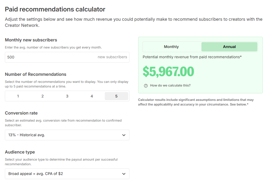 ConvertKit's potential revenue calculator