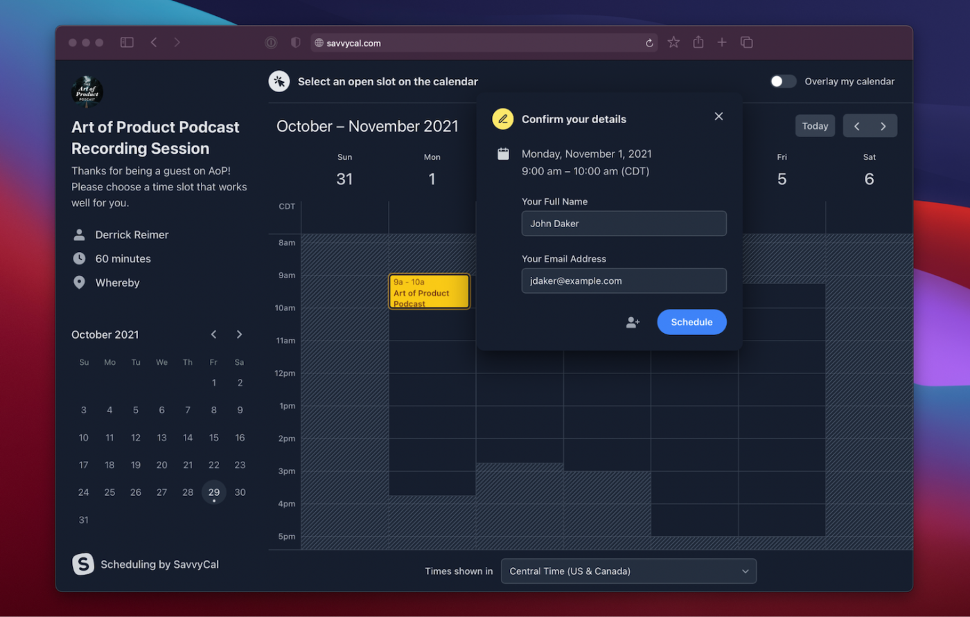 A screenshot of SavvyCal as Derrick Reimer uses it to schedule guests for Art of Product podcast sessions.