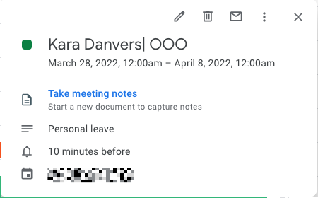 A Google Calendar event that Zapier created from a Google Form response.