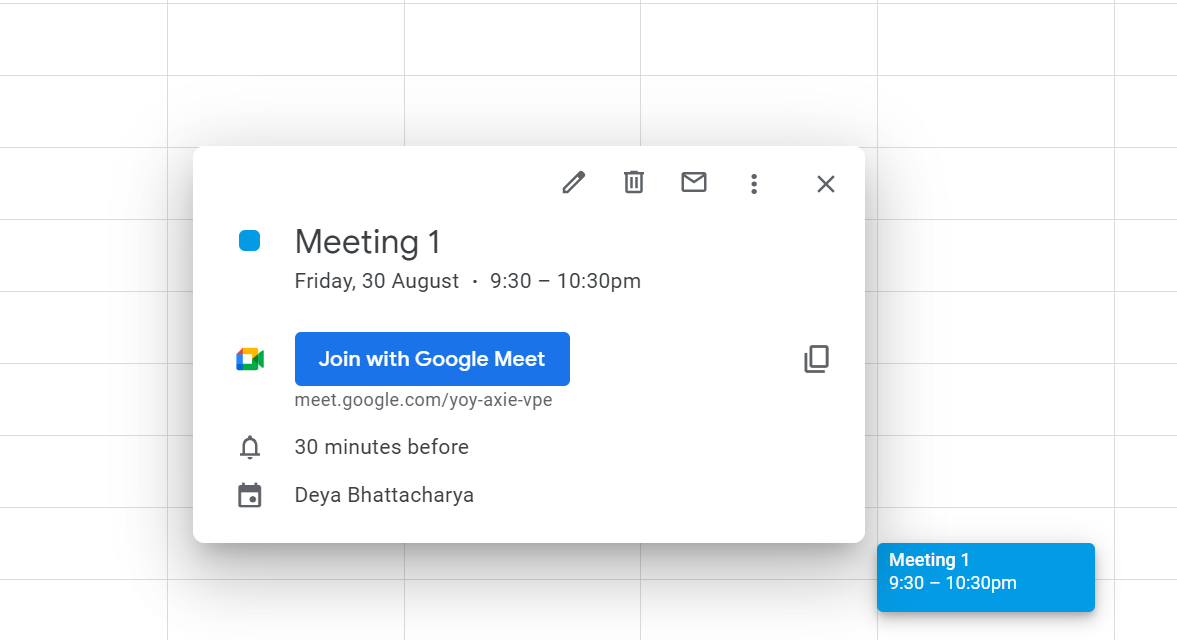 A Google Calendar invite with a Join with Google Meet button