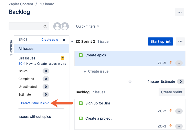 create issue within epic in Jira