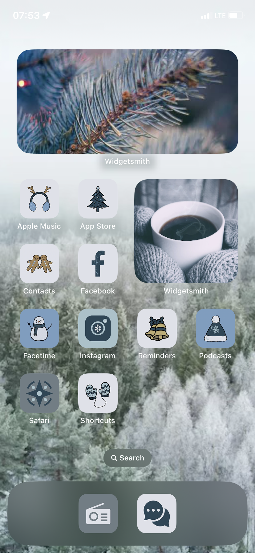 An iPhone home screen with winter-themed icons and wallpaper