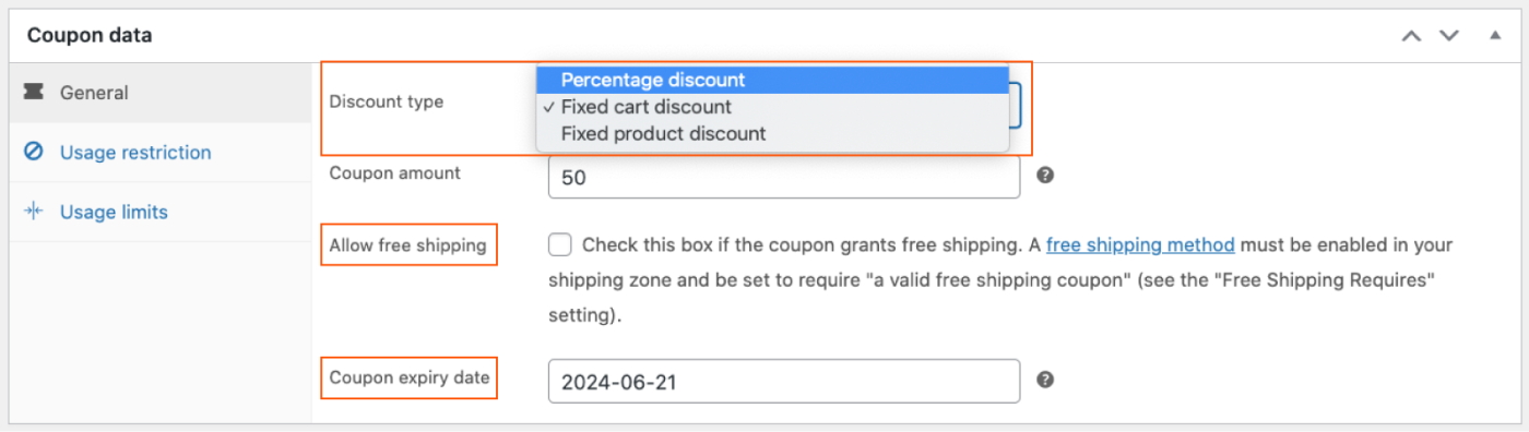 Screenshot of the General coupon form 