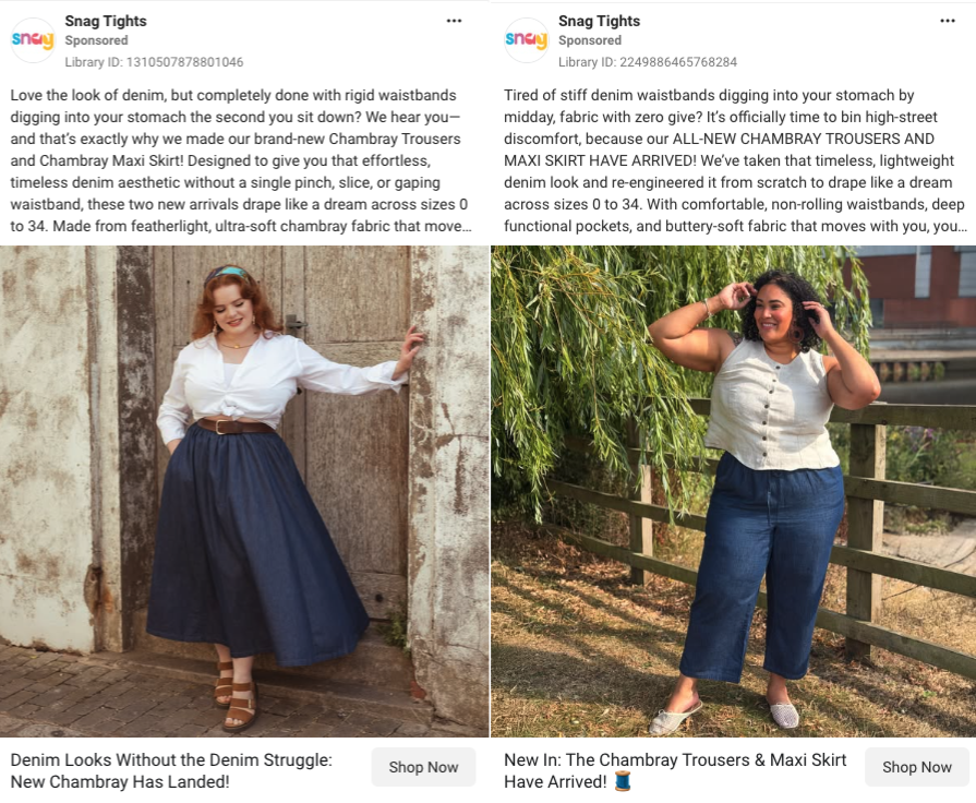 Two inclusive Facebook Ads from Snag Tights