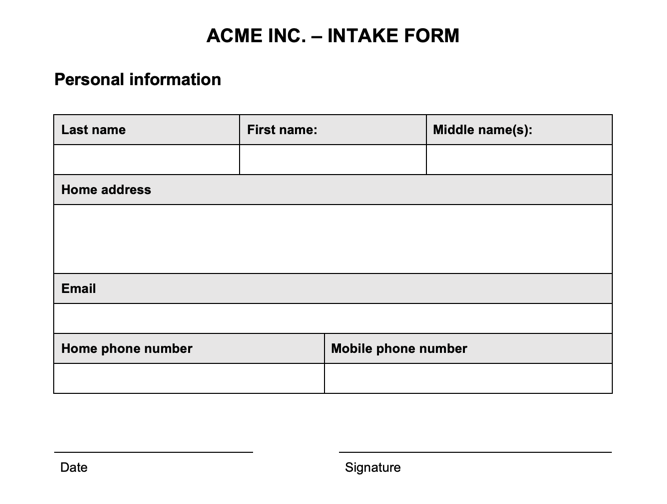 Example of a client intake form made using a table in Microsoft Word.