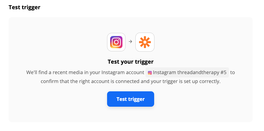 Test trigger button for an Instagram trigger step