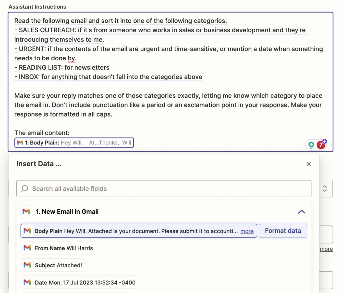 A screenshot of a prompt sent to ChatGPT as part of an action step in the Zapier editor.