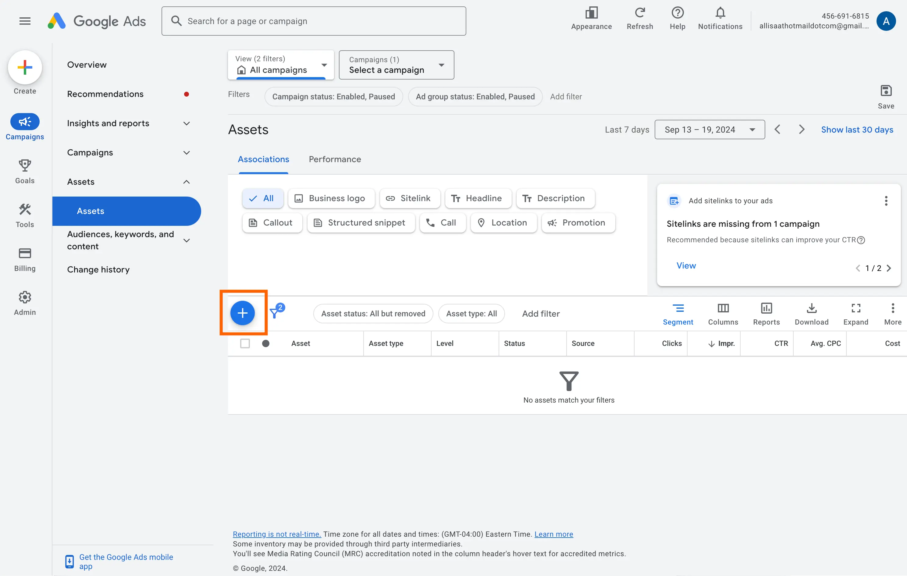 Klick auf das blaue Pluszeichen, um ein Google Ads-Lead-Formular zu erstellen