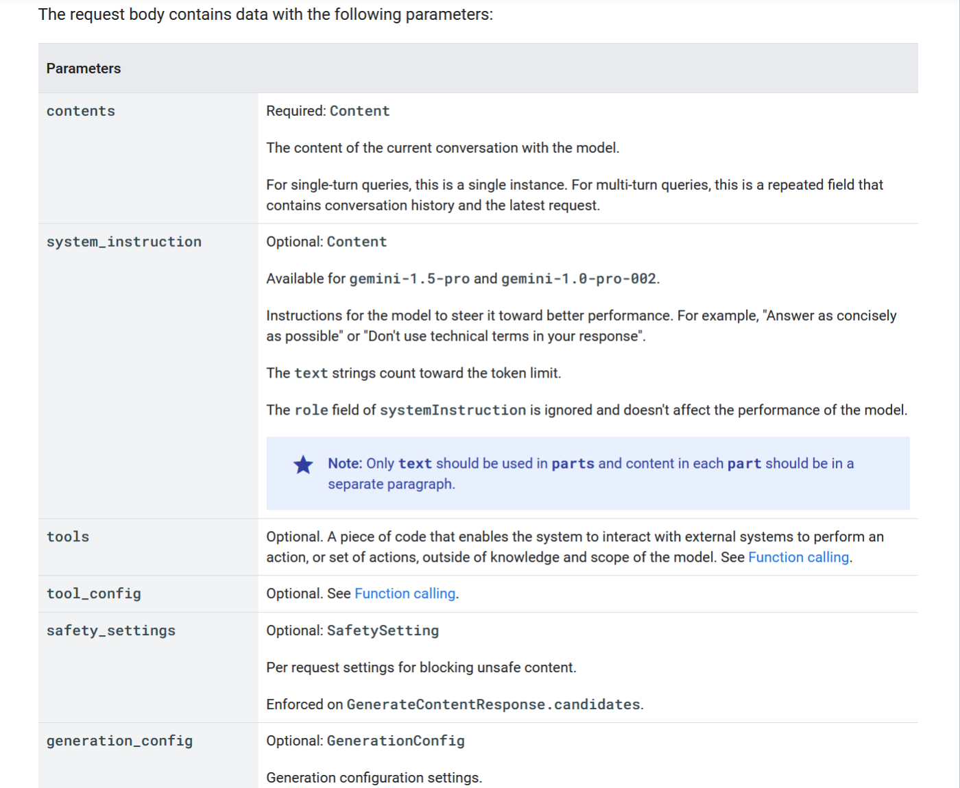 The explanation of parameters from Google for the Gemini API