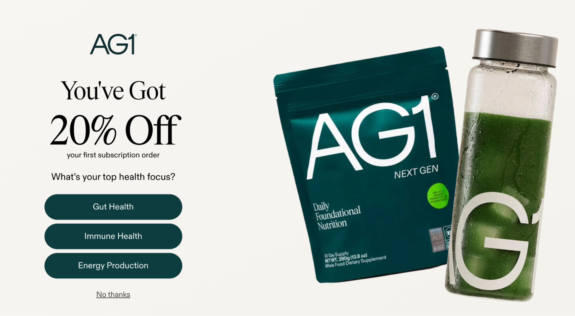 Pop-up on the AG1 website with a discount offer and brief product quiz. 