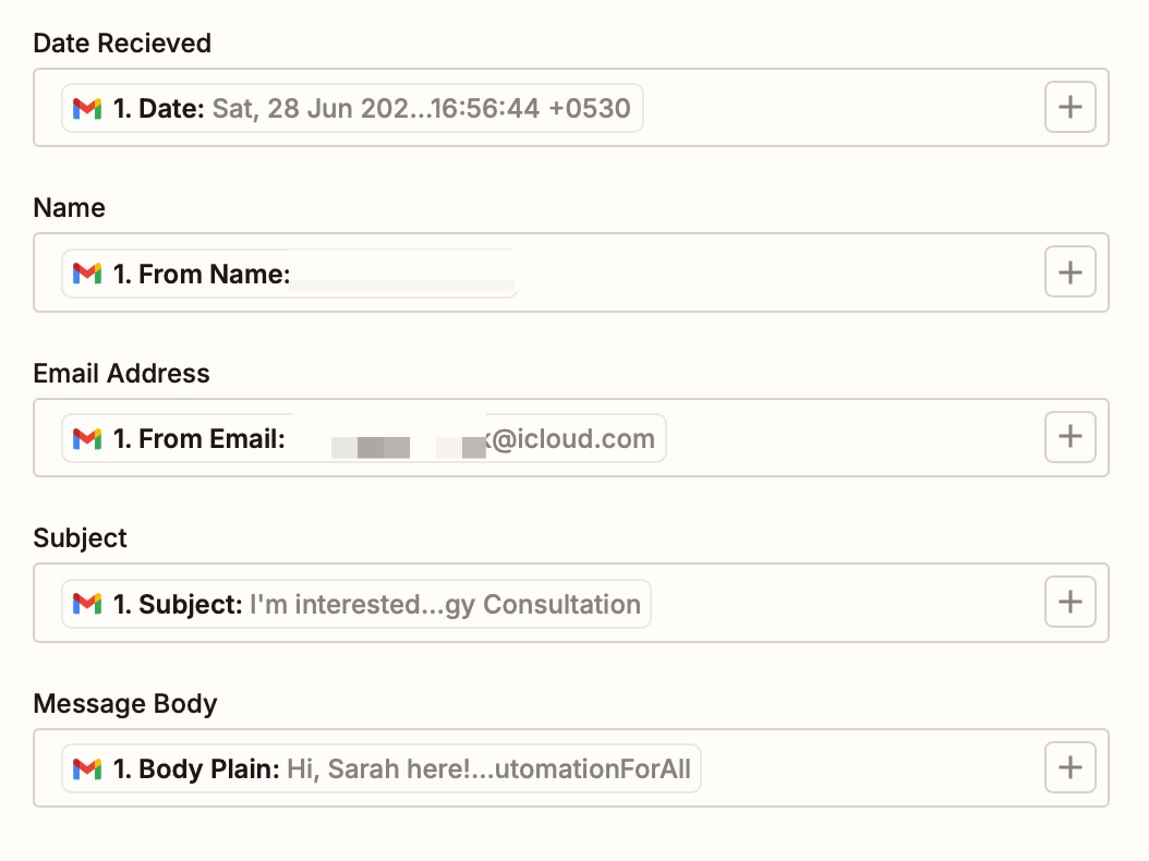 Google Sheets fields in the Zap editor with Gmail data added to each field.