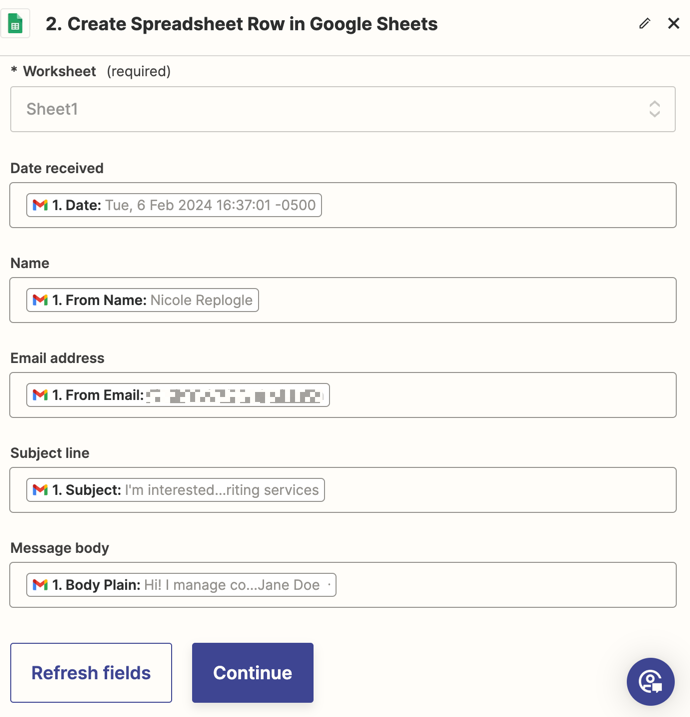 Google Sheets fields in the Zap editor with Gmail data added to each field.