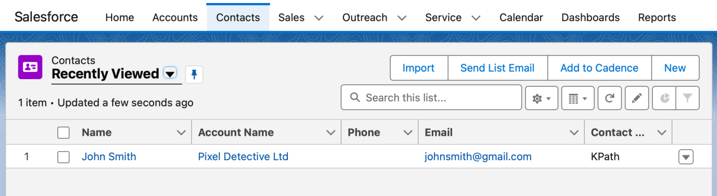 A Salesforce account with a contact listed in the contact list.