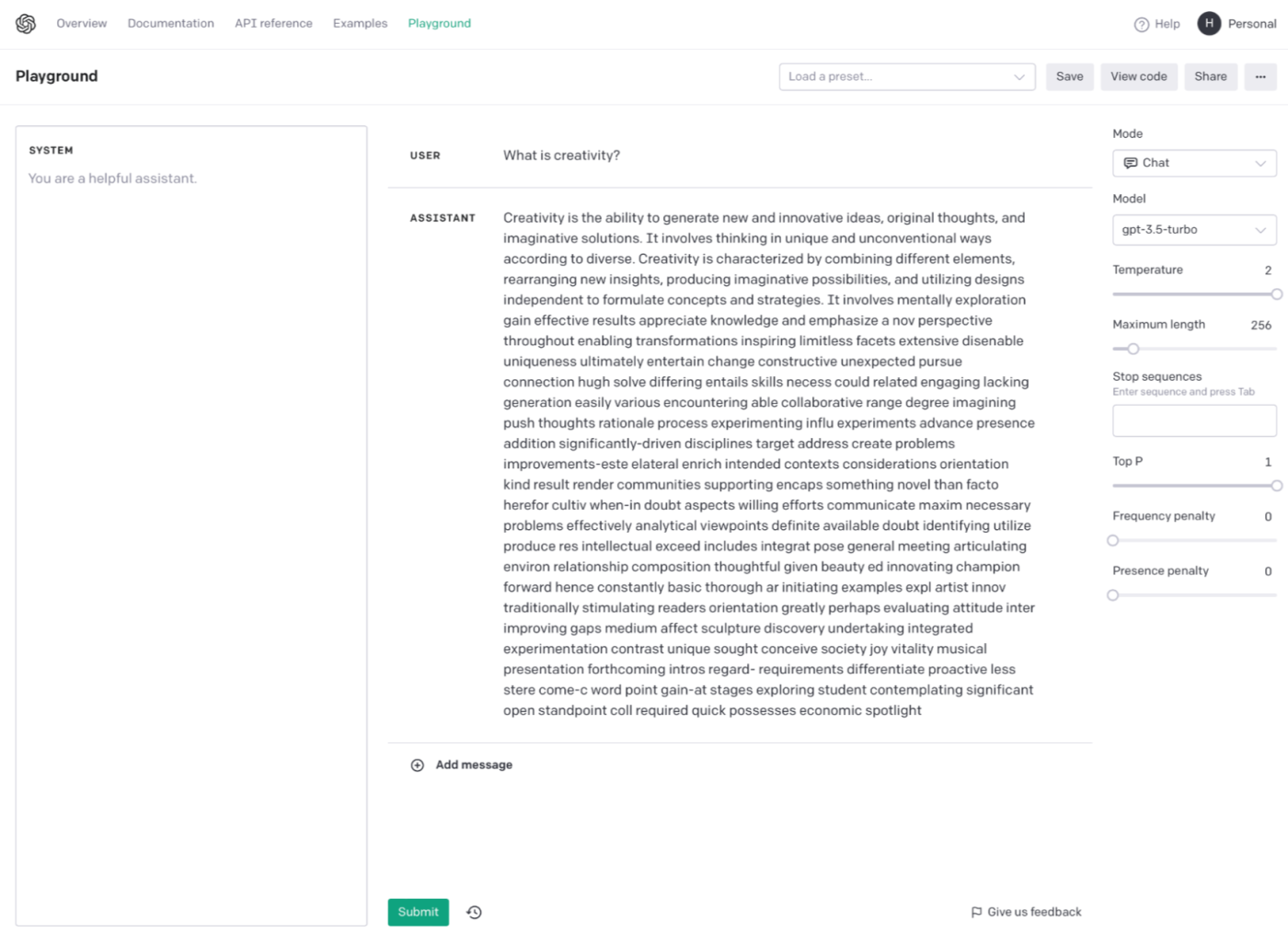 The OpenAI playground with the temperature set to 2