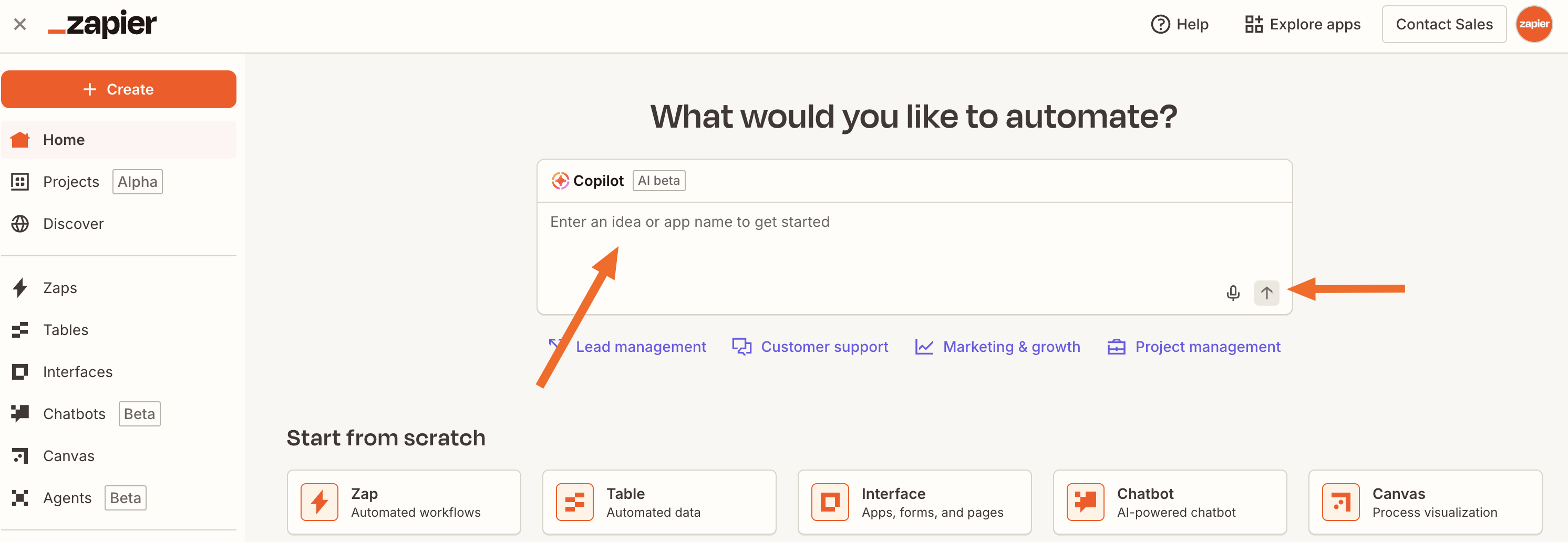 The Zapier member home page with arrows pointing to the Copilot text box and submit button