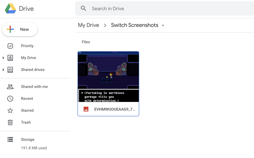 Nintendo Switch screenshot in Google Drive