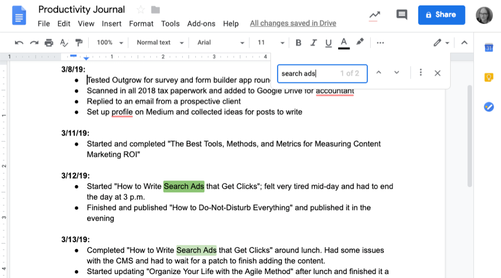 Google Docs productivity journal