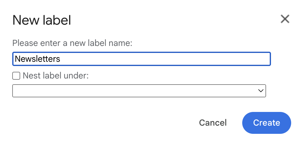 Popup window in Gmail with a field to enter a new label name. 