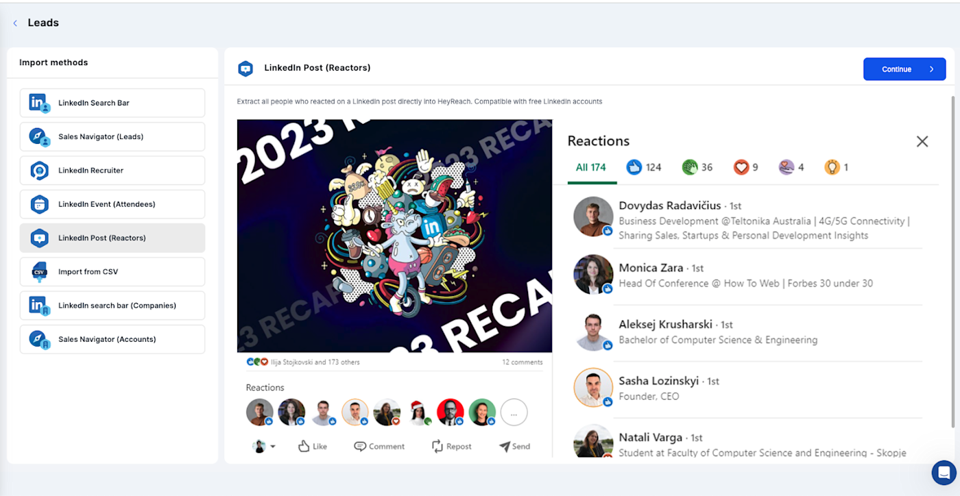 List of reactors to a LinkedIn post in HeyReach.