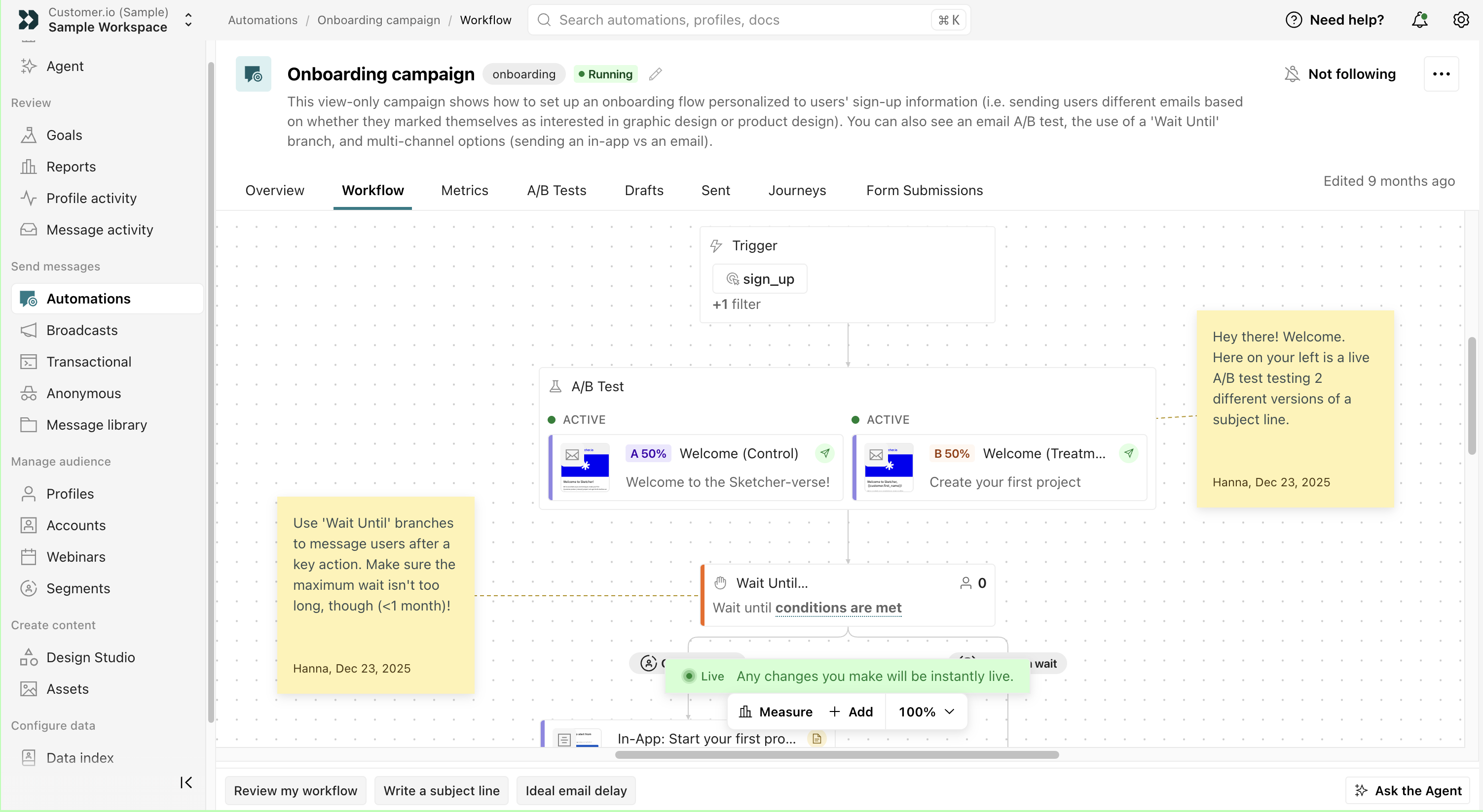 Screenshot of Customer.io's workflow builder.