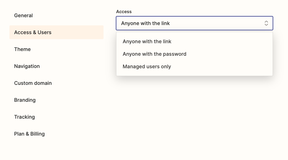In your interface's Settings, click on the Access dropdown to manage access to your app.