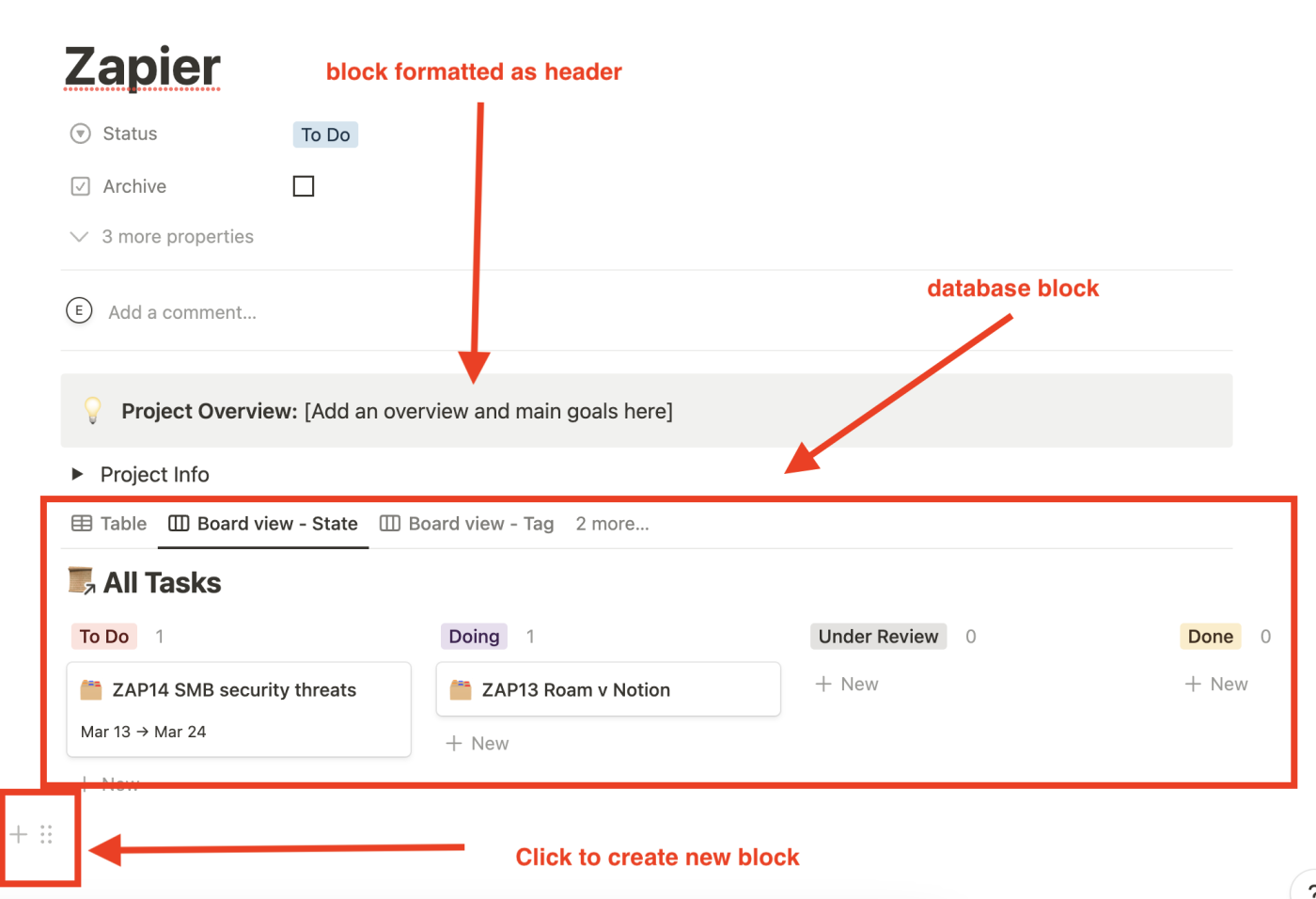 Notion page showing database and blocks