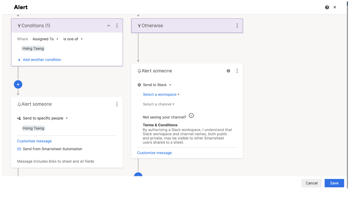 An image from Smartsheet of a workflow that allows you to alert someone in Slack when they get an assignment.