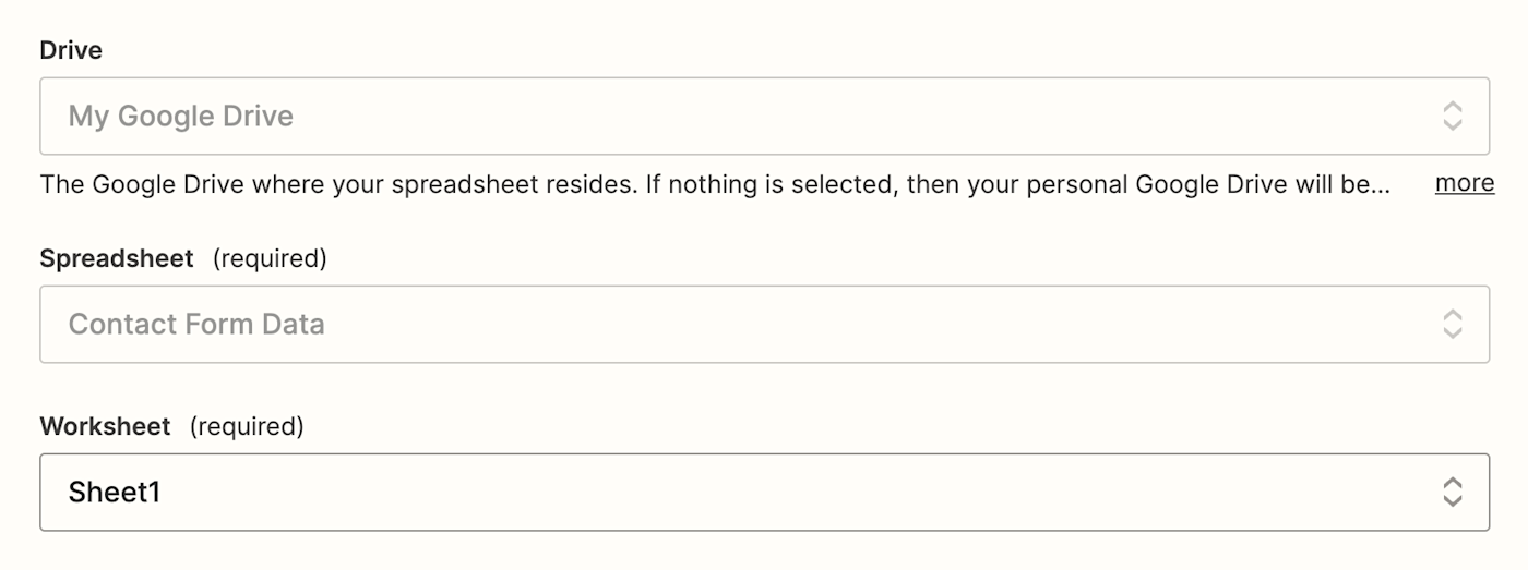 Google Drive fields with specific data selected in them.