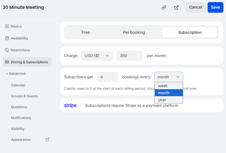 A Subscription option in TidyCal