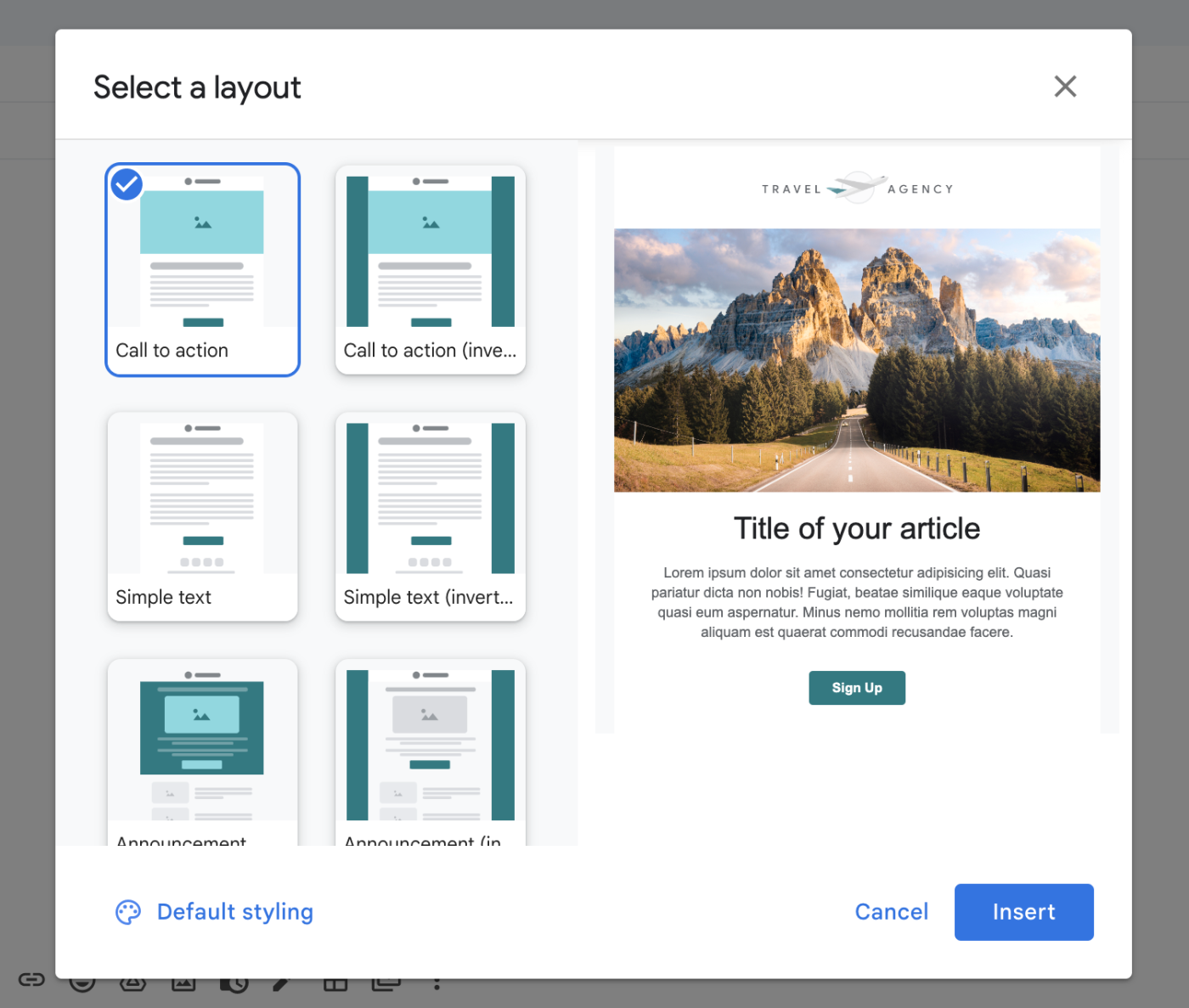 Default layout options for Gmail email newsletter