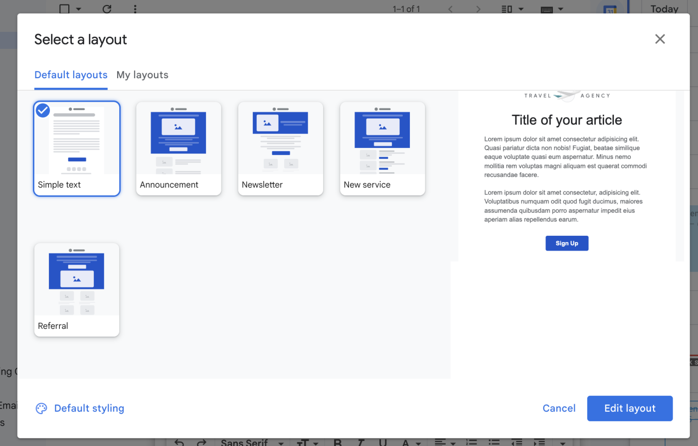 Default layout options for Gmail email newsletter