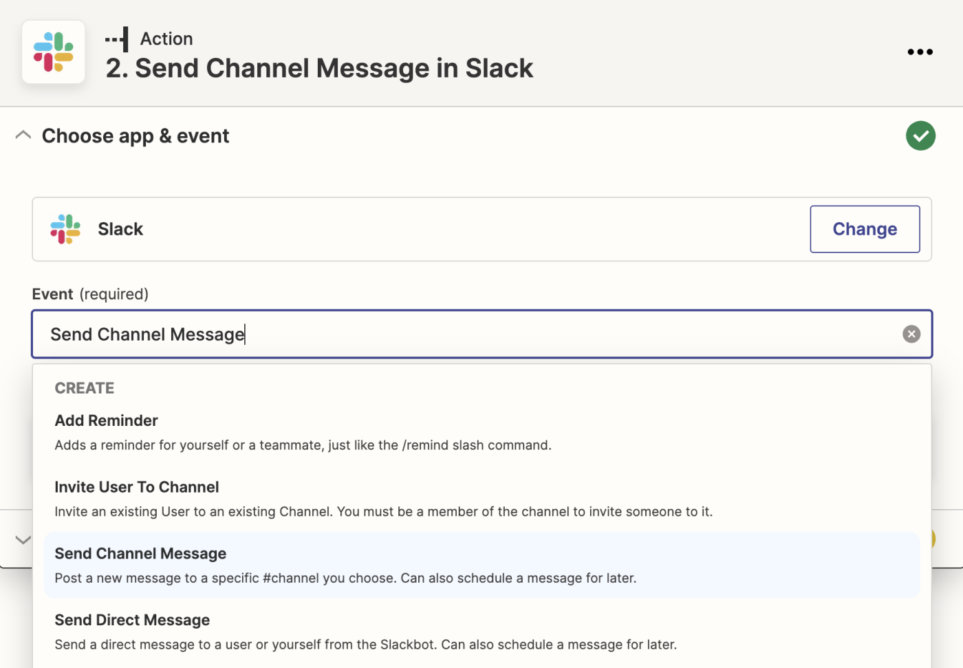 Dropdown of event field options from Slack.